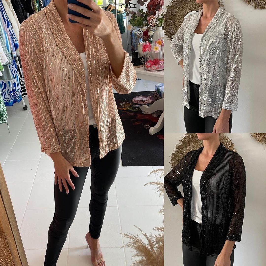 Women's Sequin Long Sleeve Temperament Mid-length Polo Collar Solid Color Coat