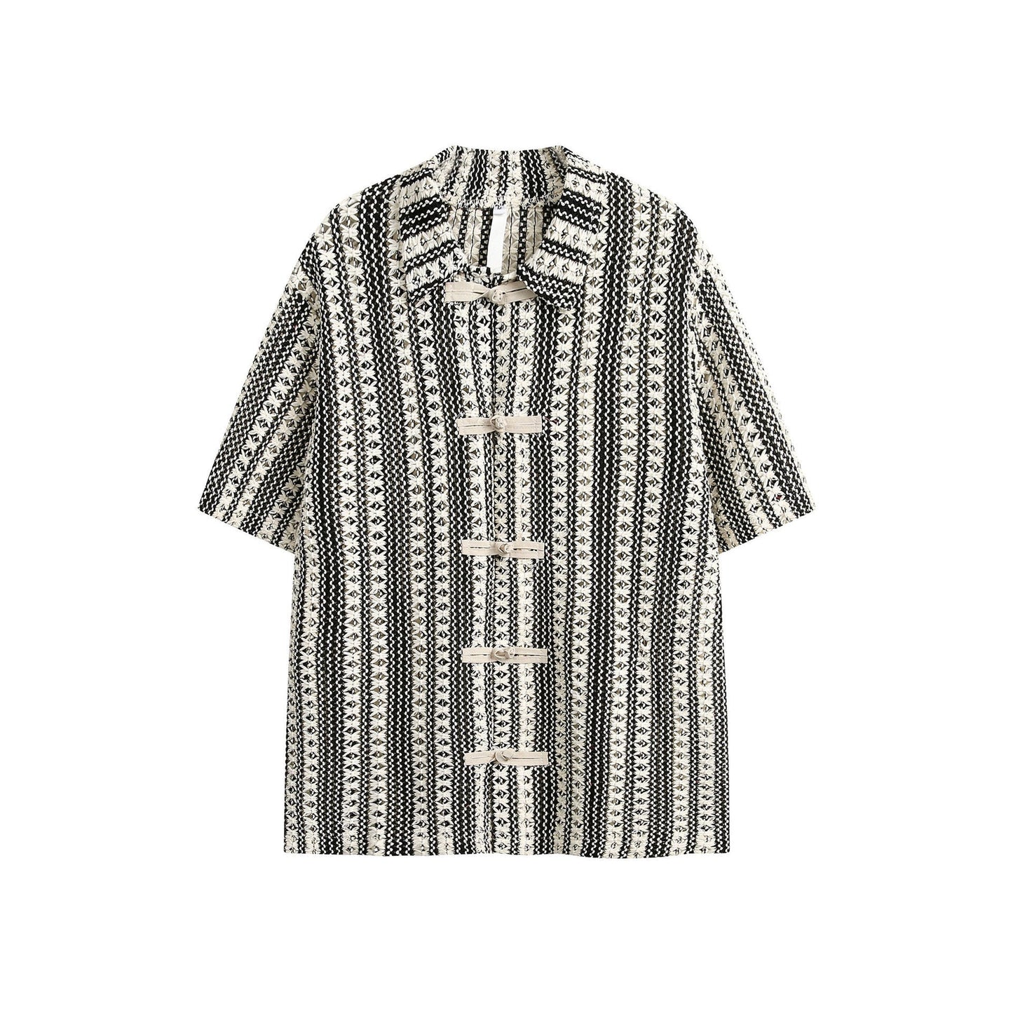 Summer Beige Black Colorblock Turnover Neck Shirt