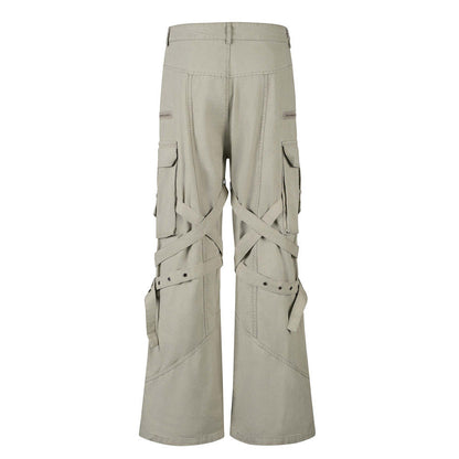 High Street Style Multi-Pocket Workwear Flared Trousers with Belt Design for Men