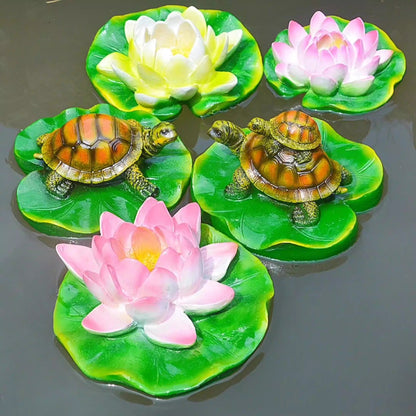 Turtle resin ornaments floating on the water surface