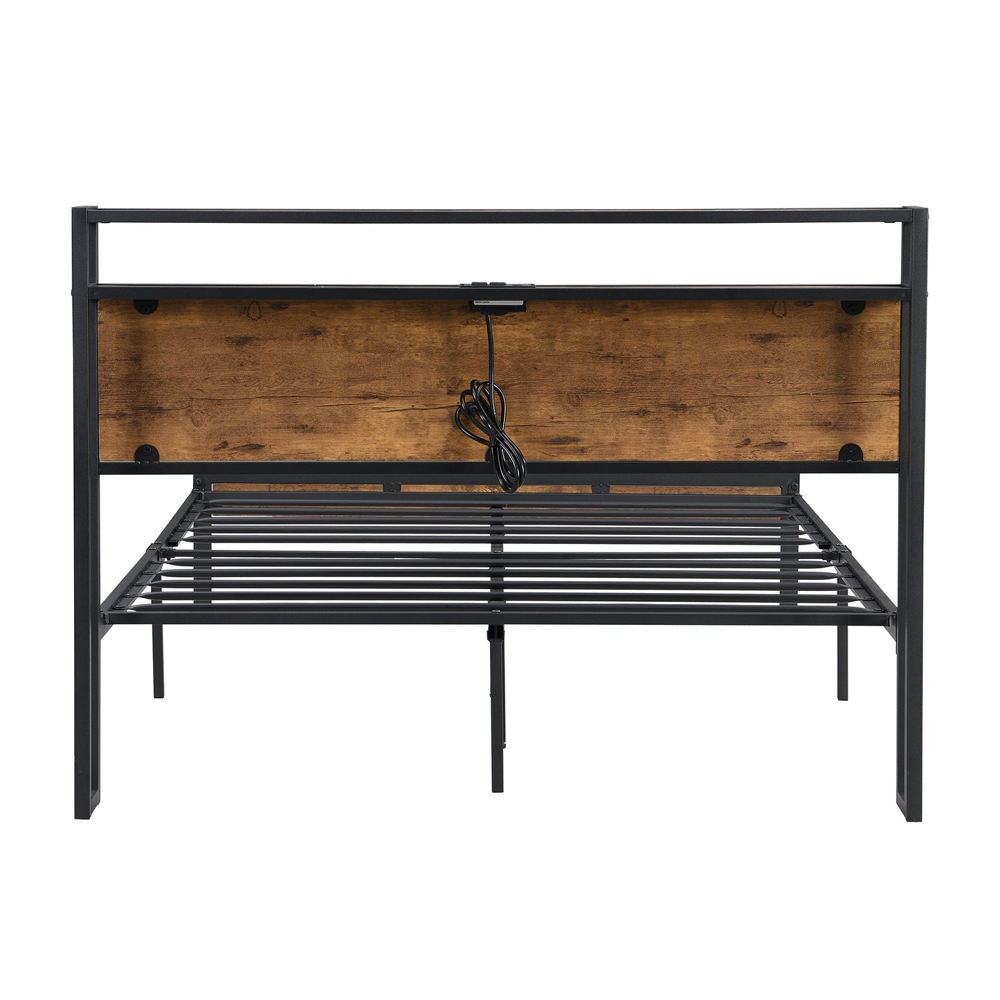 Queen Size Metal Platform Bed Frame with Wooden Headboard and Footboard with USB LINER