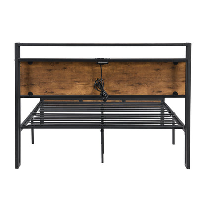 Queen Size Metal Platform Bed Frame with Wooden Headboard and Footboard with USB LINER
