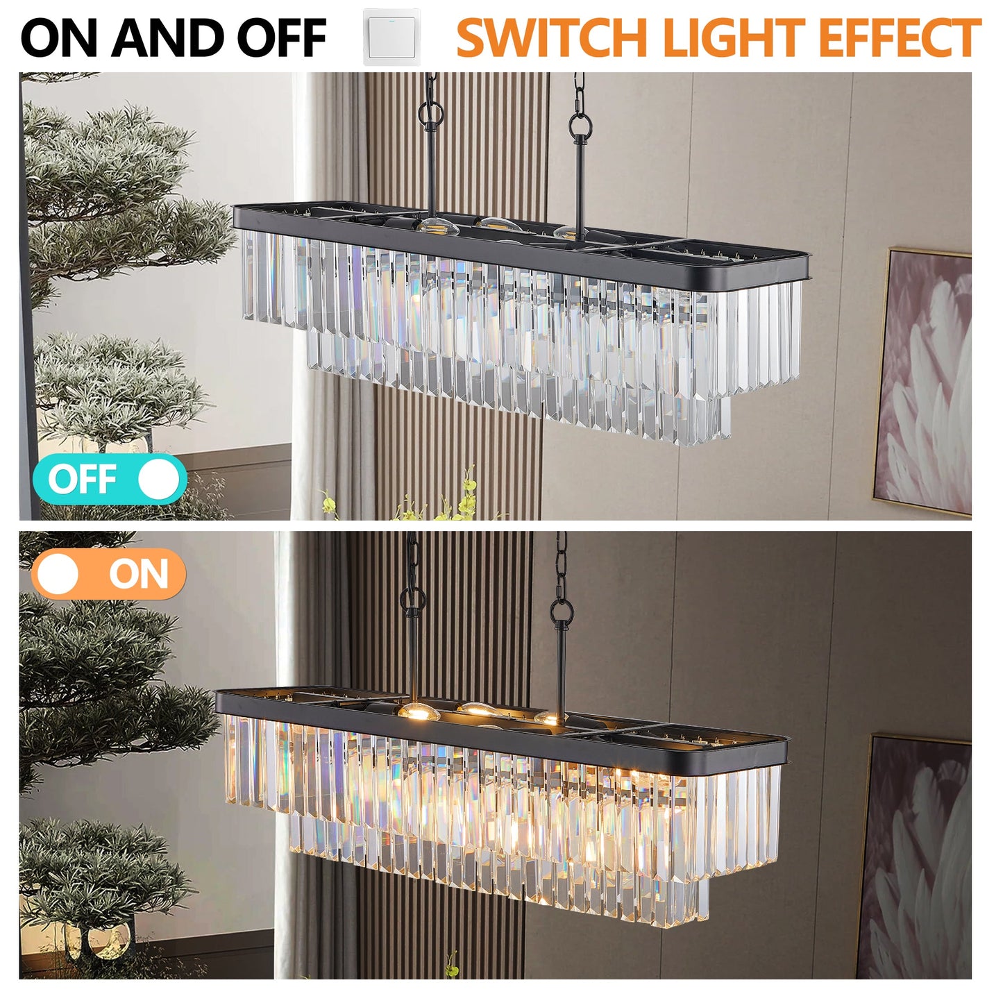 Chandeliers,Rectangular Crystal Chandelier Adjustable,E12 Modern Industrial Crystal Lights (Bulb Not Included)