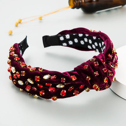 Exaggerated Fashion Hair Bands Female Corduroy Temperament Sweet Hair Ornaments Wide Side Knotted With Diamonds Headband