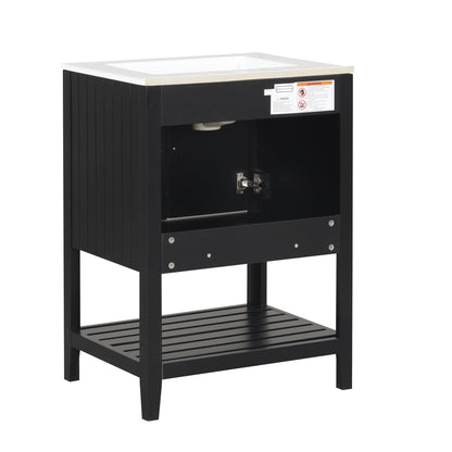 24" Black Modern Sleek Bathroom Vanity Elegant Ceramic Sink with Solid Wood Frame Open Style Shelf