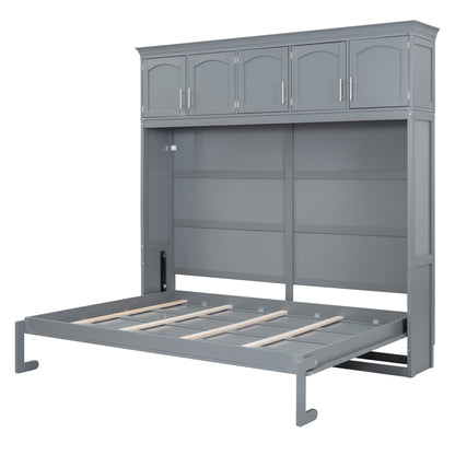 Full Size Murphy Bed Wall Bed with Top Cabinets,Gray