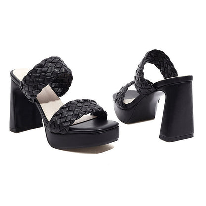 Round Toe Open Toe Side Empty Woven Foot Waterproof Platform Chunky Heel High Heel Sandals