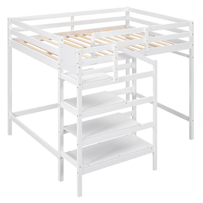 Full Size Loft Bed with Built-in Storage Staircase and Hanger for Clothes  White