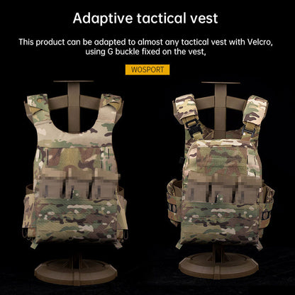 WoSporT can accommodate three 5.56 (or two 7.62) inner pockets with built-in function cover camouflage front panel