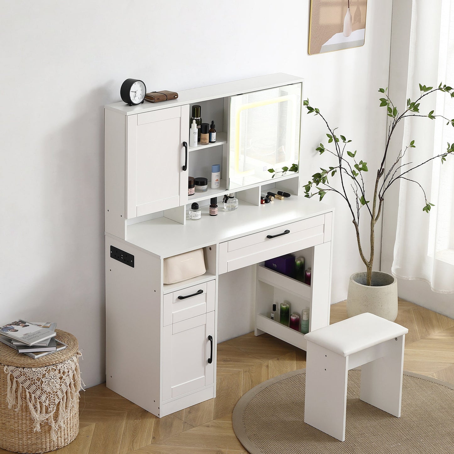 Vanity table with large sliding lighted mirror dressing table with 2 drawers storage shelves and upholstered stool white color