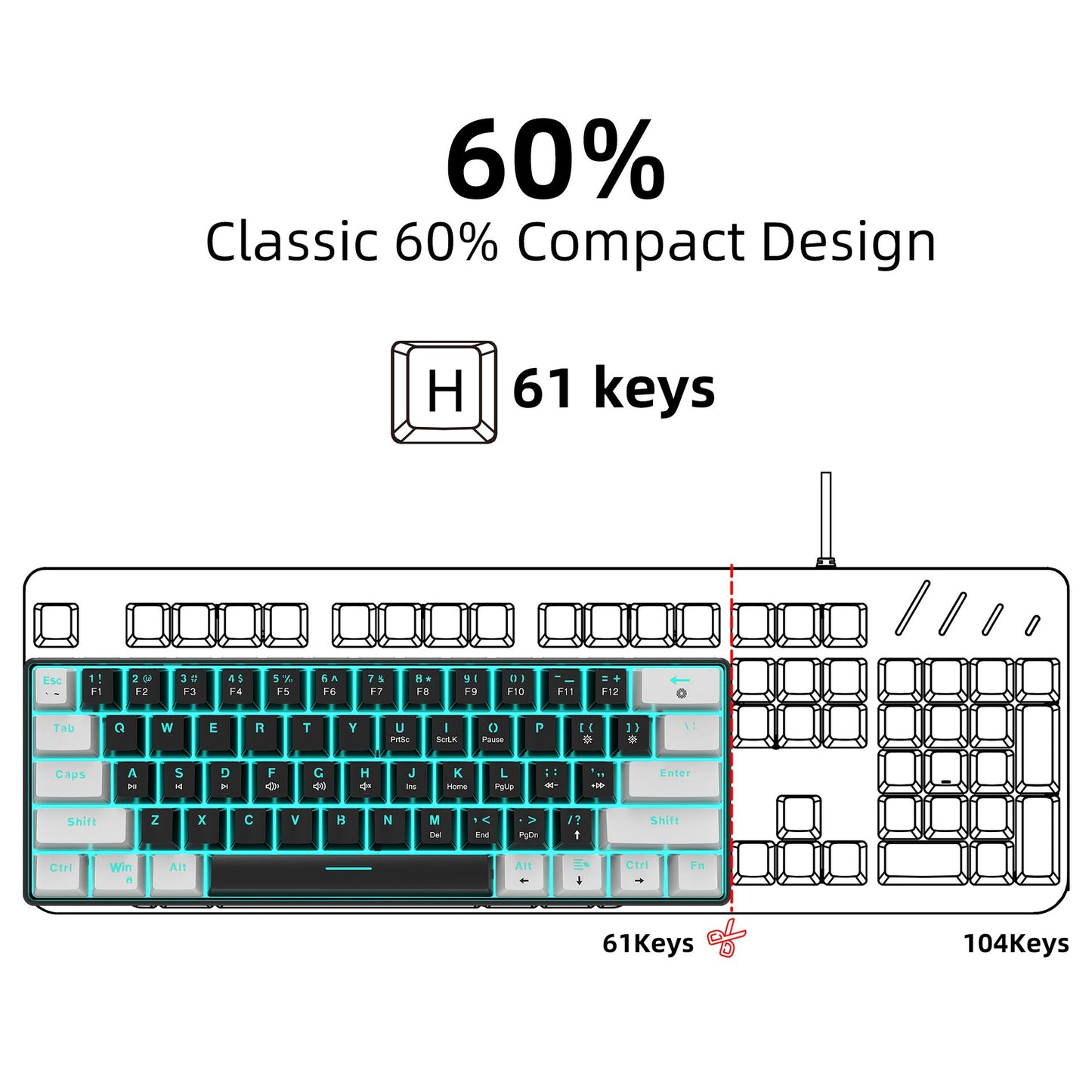 Mechanical keyboard 61 key short style small keyboard for office typing, black and white dual splicing ice blue backlit blue axis gaming keyboard
