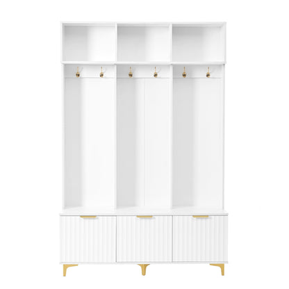 Large storage hall tree with bench, multifunctional storage platform, luxury clothes hanger equipped with 6 gold hooks