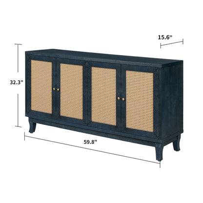 Handcrafted Premium Grain Panels Rattan Sideboard Buffer Cabinet Accent Storage Cabinet With 4 Rattan Doors BLUE