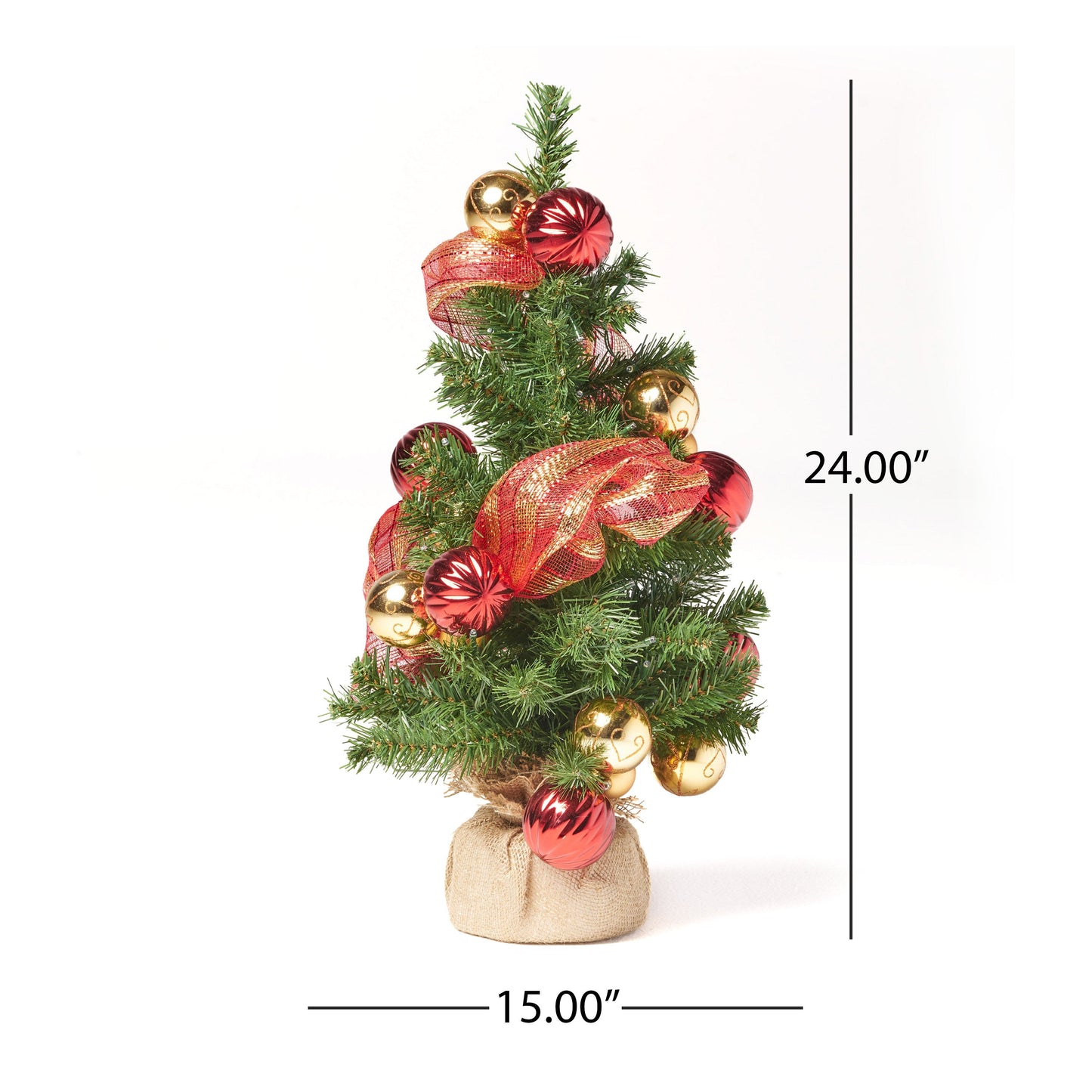 2'RED/GOLD DECORATION BURLAP TREE WITH 50 WARM WHITE LED LIGHTS-BATTERY OPERATED