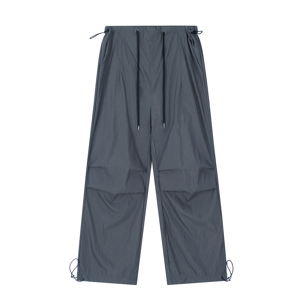 Wrinkled Casual Straight Cargo Pants Men's American Loose Solid Color Thin Sports Drawstring Cuffed Long Trousers