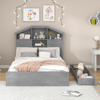 Full Size Wood Platform Bed with House-shaped Storage Headboard and 2 Drawers Gray