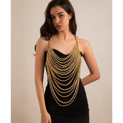 Multi layer imitation pearl black chain woven pearl layered body chain