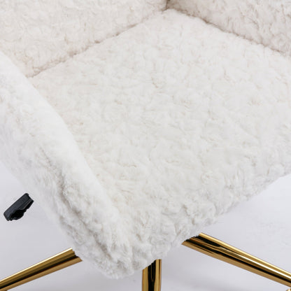 Artificial rabbit hair gold metal base home office chair adjustable chair rotating office chair, dressing chair (beige)