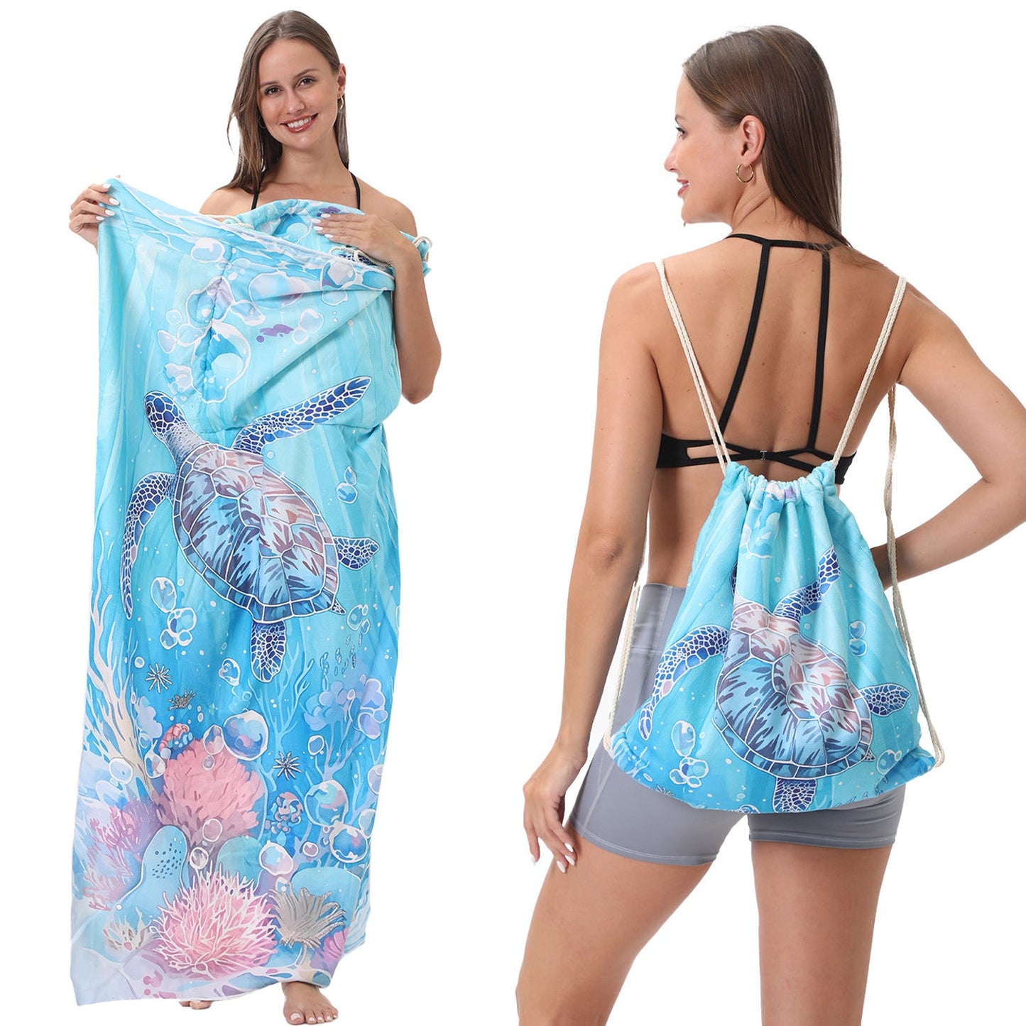 Two-in-One Foldable Beach Towel Printed Bath Towel All-In-One Beach Towel with Storage Bag