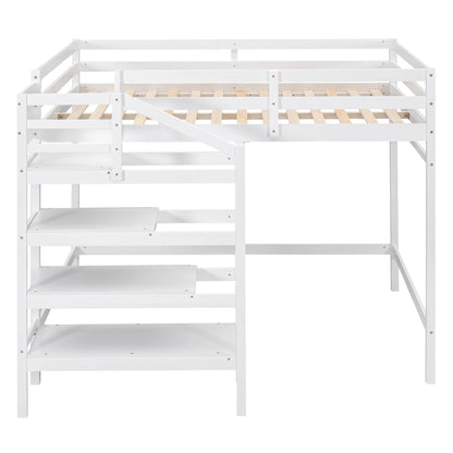 Full Size Loft Bed with Built-in Storage Staircase and Hanger for Clothes  White