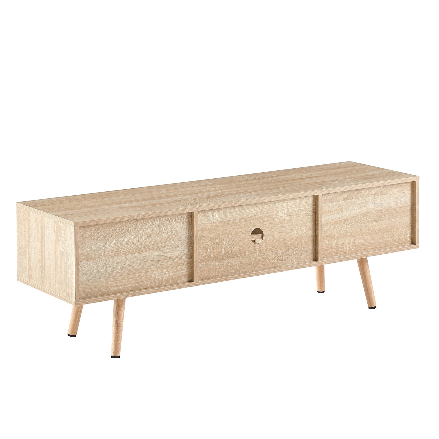 55.12" Rattan TV cabinet double sliding doors for storage adjustable shelf solid wood legs TV console for living room natural