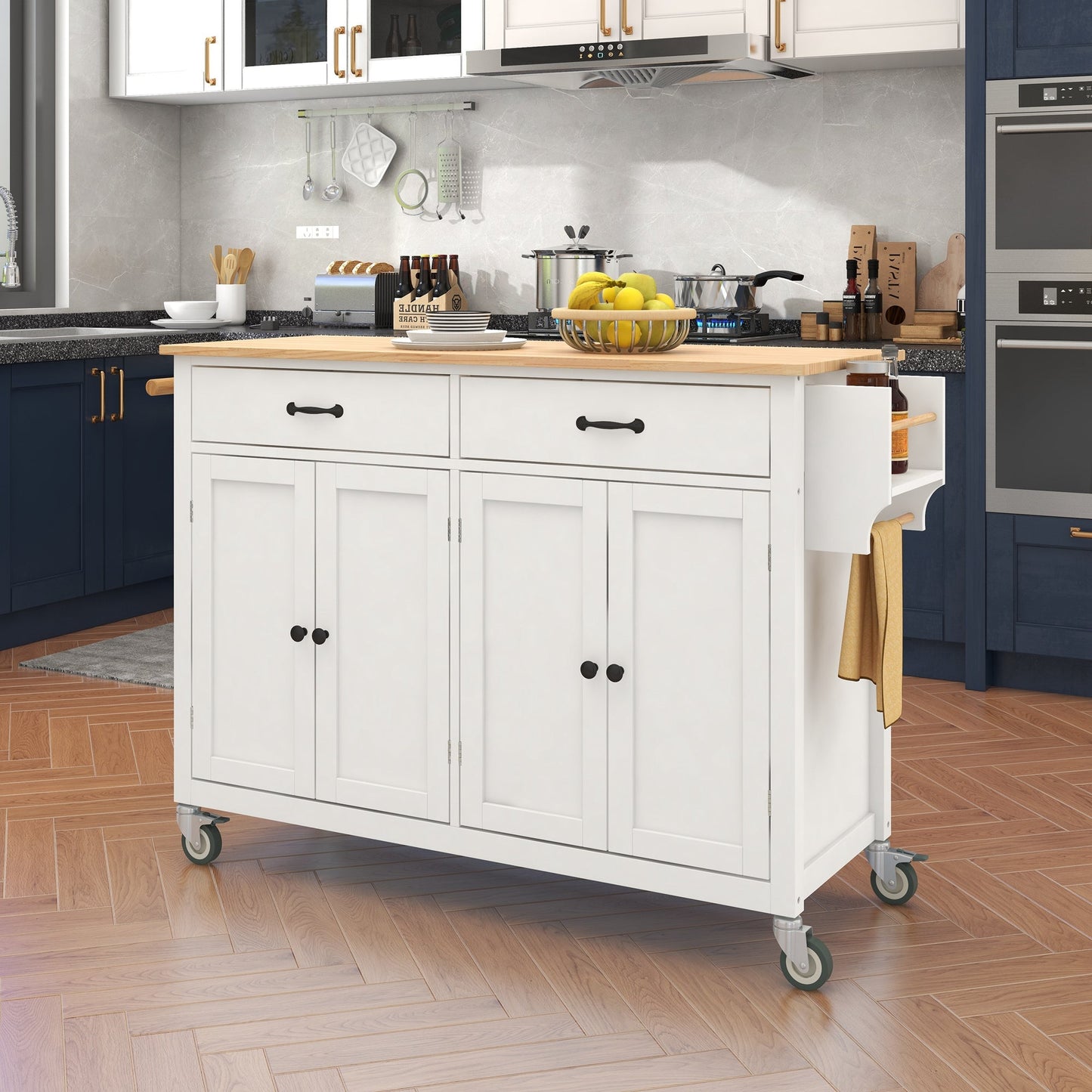 Kitchen Island Cart with Solid Wood Top and Locking Wheels 54.3 Inch Width  (White)