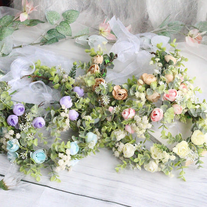 Forest style curled edge rose headband, simulated starry sky, eucalyptus wreath, bride's wedding dress, photography, headwear