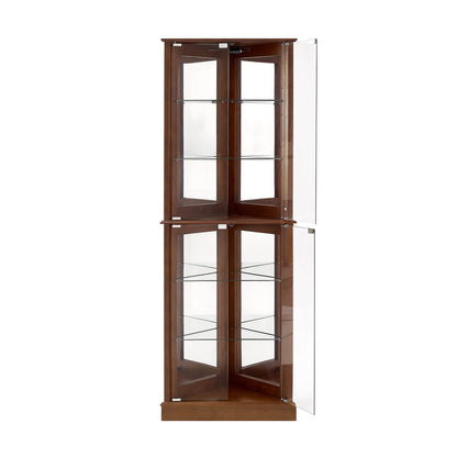 Corner Curio Dispaly Cabinet with Lights, Adjustable Tempered Glass Shelves, Mirrored Back,Walnut(E26 light bulb not included)