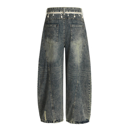 Punk Retro Washed Distressed Denim Wide-Leg Pants Men's Trendy Unique Design Loose Fit Flared Trousers