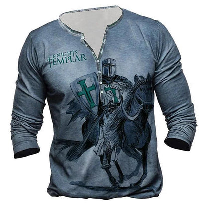 Open Placket Button Digital Print Long Sleeve T-shirt