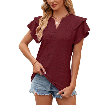 Solid Color Double-layer Sleeve V-neck Loose Short Sleeve T-shirt Top