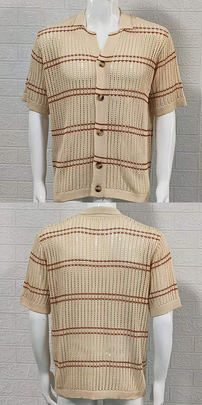 Men's Knitwear Lapel Short Sleeve Hollow Cardigan
