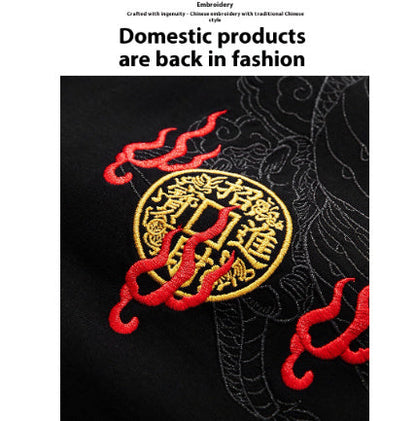 Embroidered Dragon Pattern Round Neck Cotton T-shirt