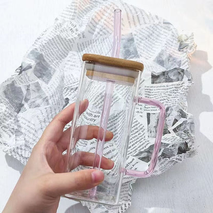 Square colored handle cup glass straw cup with lid milk tea cup with large capacity