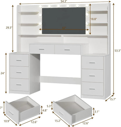 Large Vanity Desk with Mirror， White Makeup Vanity with 8 Drawers & 6 Storage Shelves, Vanity Set