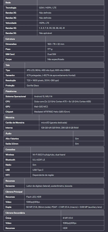 Xiaomi Redmi 13C Versão Global | Smartphone 4G , ROM Global , Câmera 50MP , Carregador  18W