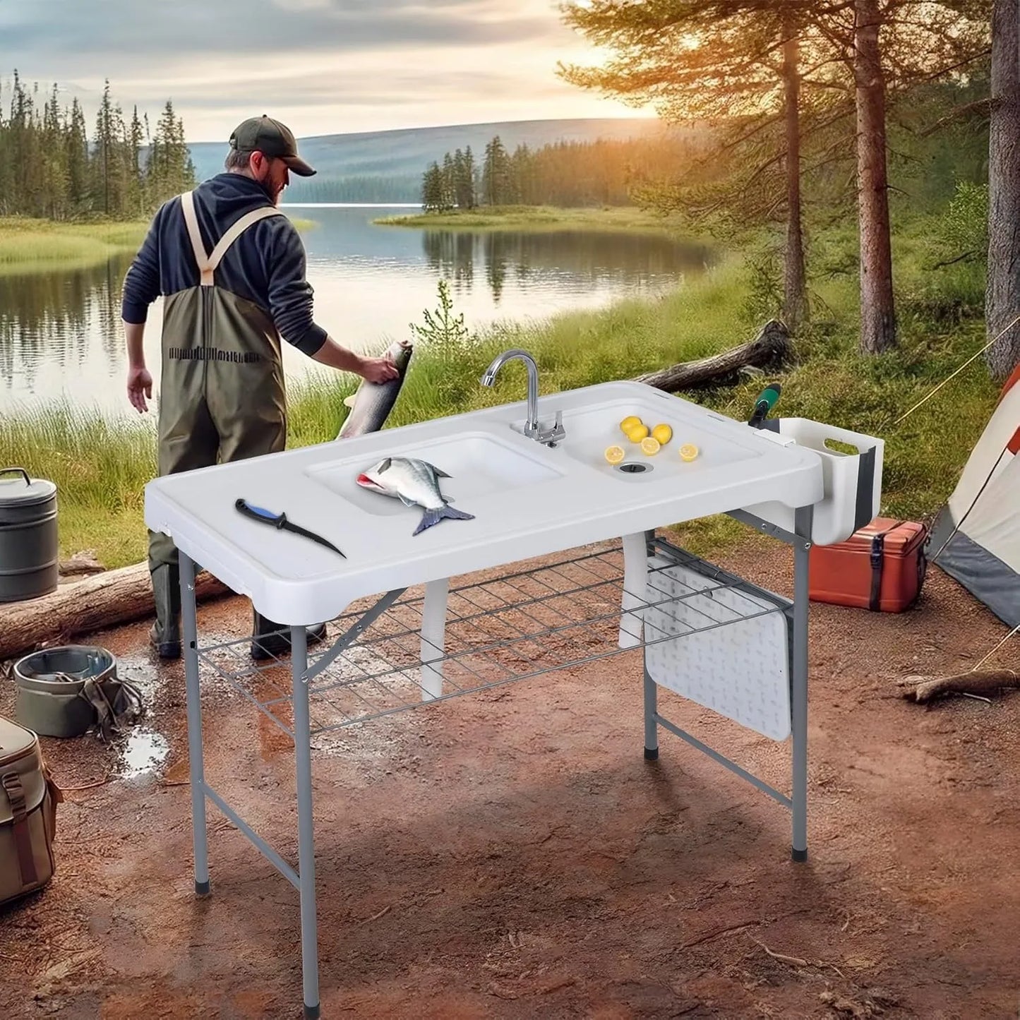 Fish Cleaning Table with Sink, 42.4" Width Portable Folding Camping Table, Outdoor Fish Cleaning Station with Grid Rack and