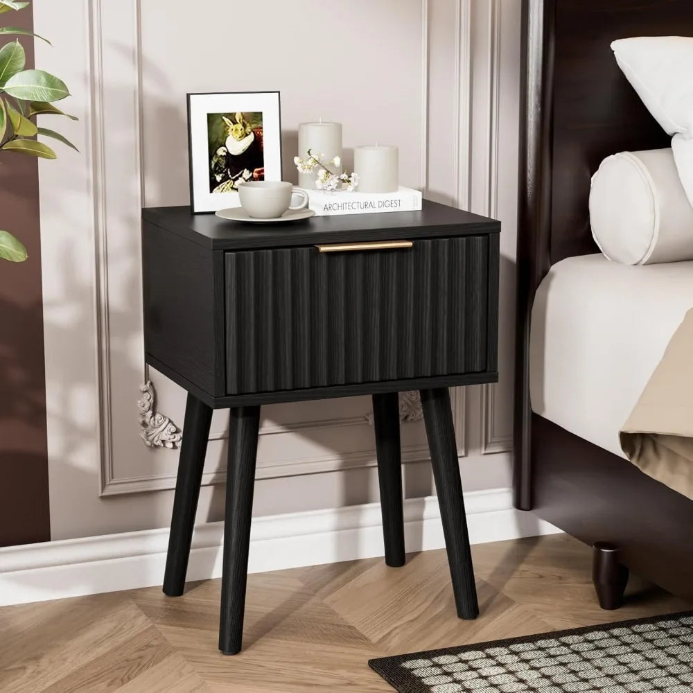 Black Nightstands Set of 2 with Fabric Drawers, Fluted Nightstands with Charging Station, Night Stand Set of 2, Small Bedside Ta