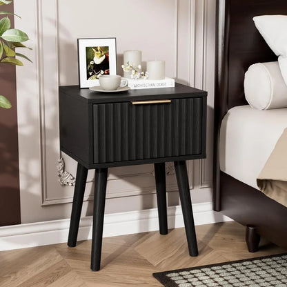 Black Nightstands Set of 2 with Fabric Drawers, Fluted Nightstands with Charging Station, Night Stand Set of 2, Small Bedside Ta