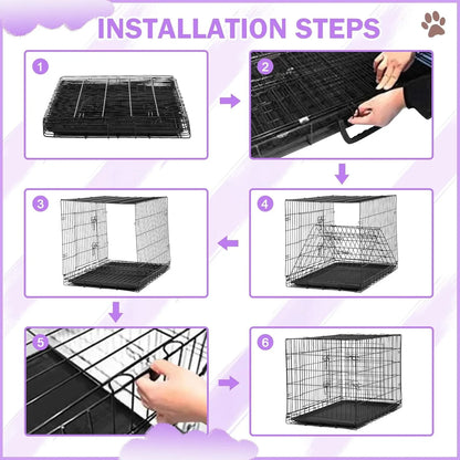 42 Inch Dog Crate, Double Door Folding Metal Wire Dog Cage with Divider and Tray, Pet Kennel Cage for Large Medium Small Dogs, L