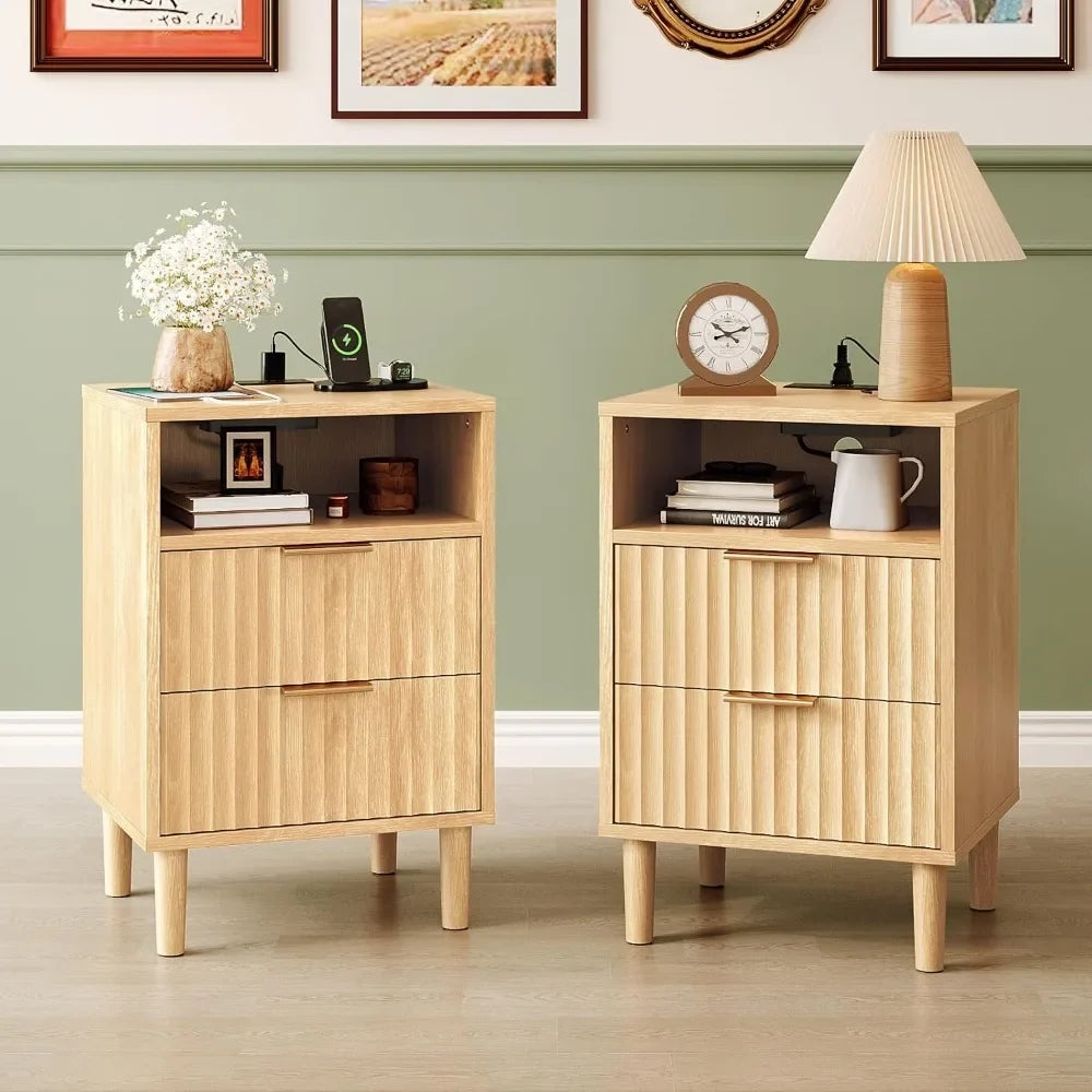 Night Stand with Charging Station & Led Light, 19" W Fluted Nightstand Round Edge, Wood Nightstand Mid Century Modern End Table,