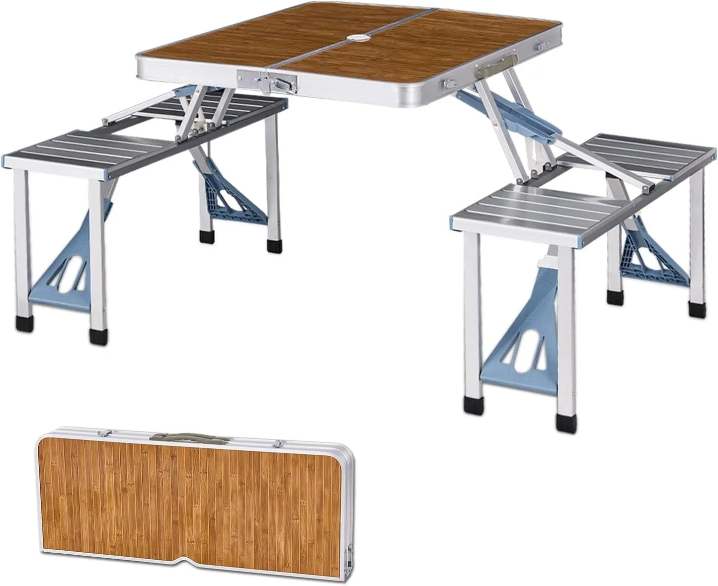 Folding Picnic Table with Seats Chairs and Umbrella Hole, Portable 4-Person Fold Up Travel Picnic Table for Indoor Out