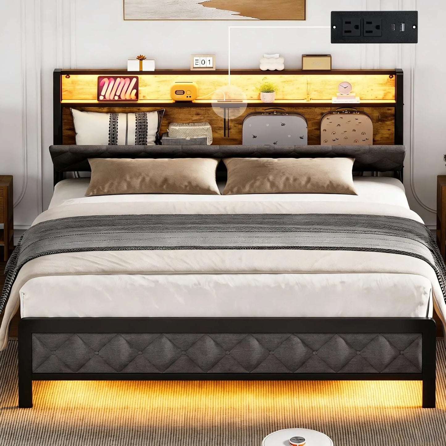 Queen Size Bed Frame with Storage Headboard and Charging Station, Upholstered Bed Frame Queen Size with LED Lights, Platform Bed