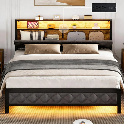 Queen Size Bed Frame with Storage Headboard and Charging Station, Upholstered Bed Frame Queen Size with LED Lights, Platform Bed