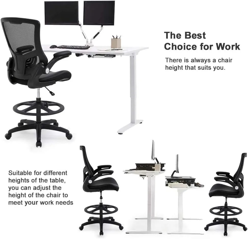 Drafting Chair Ergonomic Tall Office Chair Standing Desk Chair with Flip Up Arms Foot Rest Back Support Adjustable Height Mesh D