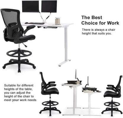 Drafting Chair Ergonomic Tall Office Chair Standing Desk Chair with Flip Up Arms Foot Rest Back Support Adjustable Height Mesh D