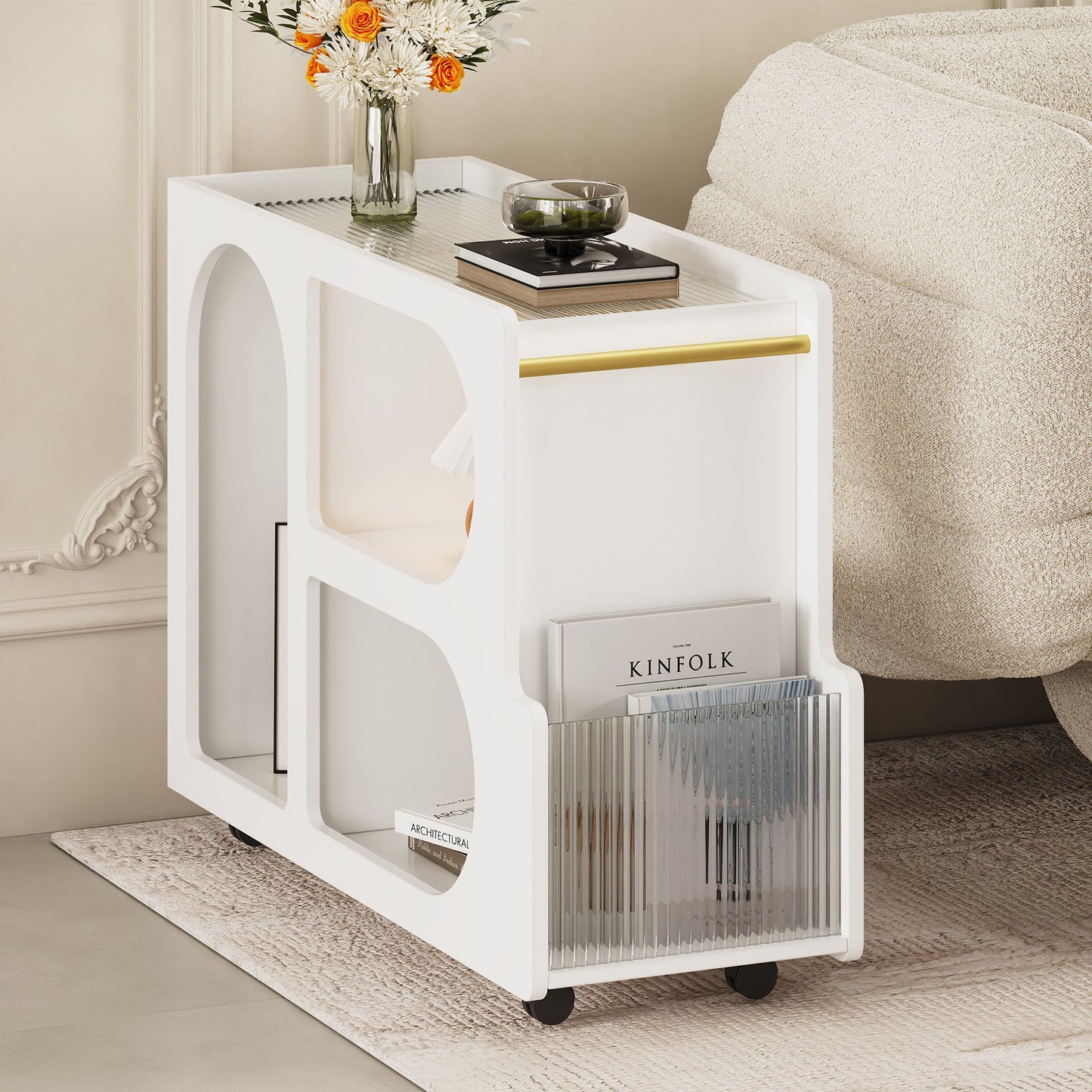 Stylish mobile desk with lockable wheels, white bedside table with 5mm thick grooved tempered glass and gold round bars