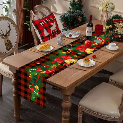 New Christmas table flag white linen bell printed tablecloth red and black checkered home decoration tablecloth pad