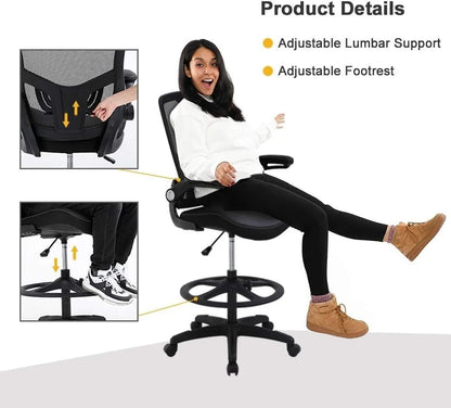 Drafting Chair Ergonomic Tall Office Chair Standing Desk Chair with Flip Up Arms Foot Rest Back Support Adjustable Height Mesh D