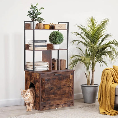 2-in-1 Cat Litter Box Enclosure with Storage Shelves, Hidden Cat Litter Box Enclosure Furniture with Entrance (Rustic Brown